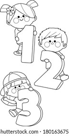 Children math students holding numbers. Vector black and white coloring page.