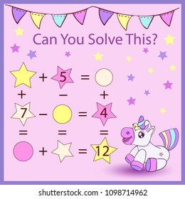 Children mathematical game with cartoon cute unicorn. Solve a mathematical problem. Children funny riddle. Worksheets count lesson. Kids game and activity page for book. Vector illustration.