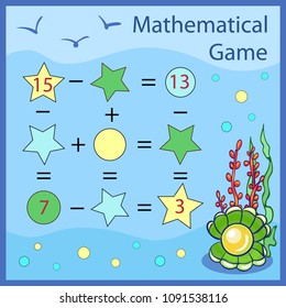 Children mathematical game with cartoon pearl shell. Solve a mathematical problem. Children funny riddle entertainment. Kids game and activity page for book. Vector illustration.