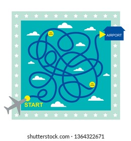 Children maze. Maze with airport and airplane. Children game.  Educational game. Airplane flying to the airport.  Finding the correct route for airplane.