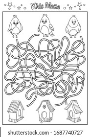 Children maze. Coloring page. Kids activity page with cute birds. Find the right path. Funny riddle. Kids game. Education worksheet. Vector illustration.