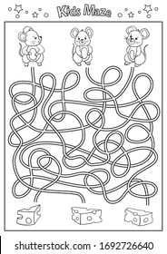 Children maze. Coloring page. Kids activity page with cute mouses. Find the right path. Funny riddle. Kids game. Education worksheet. Vector illustration.