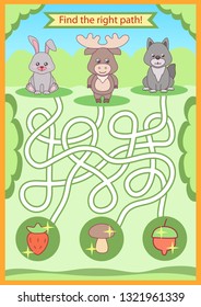 Children maze with a cute cartoon forest animals. Kids labyrinth game and activity page. Find the right path. Funny riddle. Education developing worksheet. Vector illustration.