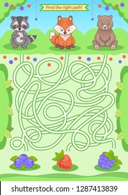 Children maze with a cute forest animals. Kids labyrinth game and activity page. Find the right path to berries. Funny riddle. Education developing worksheet. Vector illustration.