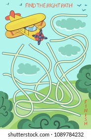 Children maze. Find the right path from plane to park. Funny riddle on background cartoon landscape. Kids game for activity page. Kids board game with labyrinth. Vector illustration.