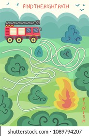 Children maze. Find the right path from fire truck to park fire. Funny riddle on background cartoon landscape. Kids game for activity page. Kids board game with labyrinth. Vector illustration.