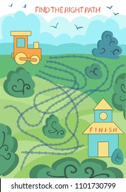 Children maze. Find the right path cartoon train to station. Funny riddle on background landscape. Kids game. Activity page for book. Kids board game with labyrinth. Vector illustration.