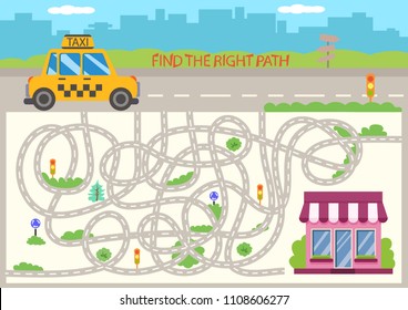 Children maze. Find the right path cartoon taxi car to store. Funny riddle entertainment and kids game. Activity page for book. Kids board game with labyrinth. Vector illustration. 