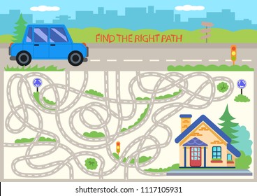 Children maze. Find the right path cartoon car to house. Funny riddle entertainment and kids game. Activity page for book. Kids board game with labyrinth. Vector illustration. 