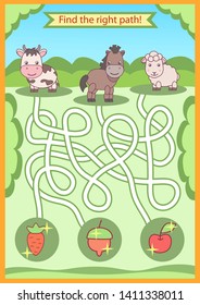 Children maze. Find the right path for domestic animals. Kids labyrinth game and activity page. Funny riddle. Education worksheet. Vector illustration.
