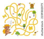Children maze game, kids labyrinth. Path finding graphic art for kid play. Forest cartoon bear find ways to honey. Child magazine nowaday vector page