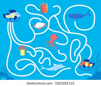 Children maze game. Kindergarten leisure, fun colorful animal labyrinth. Kids find solution play, sea life puzzle map vector illustration