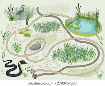 Children maze game path puzzle for cute grass snake (Natrix natrix) to find the way to the pond, vector illustration