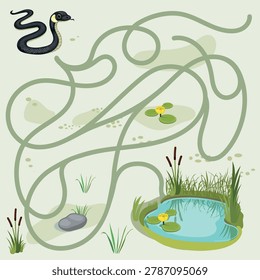 Children maze game path puzzle for cute grass snake (Natrix natrix) to find the way to the pond, vector illustration