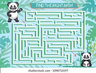 Children maze. Kids labyrinth game and activity page. Find the right path from mother panda to her baby bear. Funny cartoon riddle. Education developing worksheet. Vector illustration.