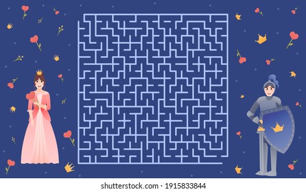 Children maze riddle, help noble knight find way to his princess, romantic labyrinth for girls and boys, fairy tale characters, medieval concept on dark blue background, fun worksheet
