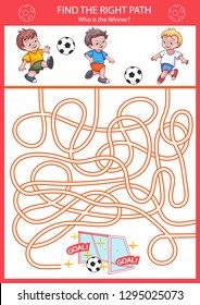 Children Maze With Soccer Players. Kids Labyrinth Game And Activity Page. Find The Right Path To Gate. Funny Riddle. Education Developing Worksheet. Vector Illustration.