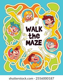 Children in a maze. Walk the maze. Idea for a kids cover with riddles and puzzles. Sample title here. Child template for your design. Colorful cartoon characters. Vector illustration