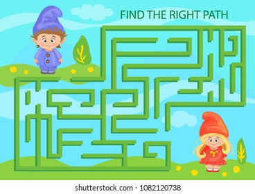 Children maze worksheets. Find the right path from little gnom boy to girl. Funny cartoon riddle entertainment and amusement. Kids game and activity page. Vector illustration.