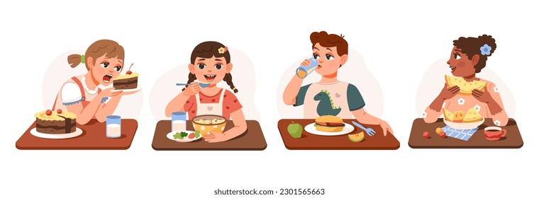 Children at a meal. Boy and girls eat healthy homemade food. The kids are having breakfast. Childs nutrition. Flat vector illustration 