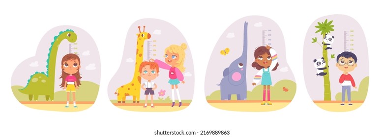 Children measure height with funny kids meter on wall vector illustration. Cartoon growing progress of cute boys and girls and tall animals of Africa, childish pediatric stadiometer isolated on white