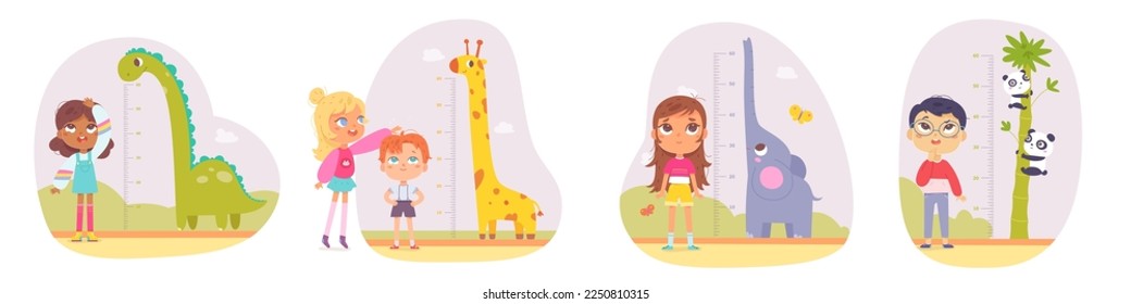 Children measure height with funny kids meter on wall vector illustration. Cartoon growing progress of cute boys and girls and tall animals of Africa, childish pediatric inch stadiometers.