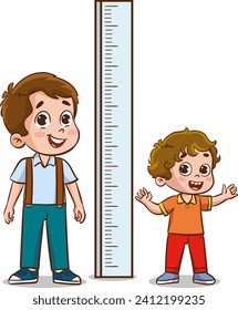 Children measure height with funny kids meter on wall vector illustration