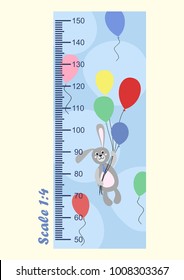 Children measure the wall with a cute cartoon rabbit flying on balloons and measuring with a ruler. Vector illustration of rabbit isolated on a sky background .