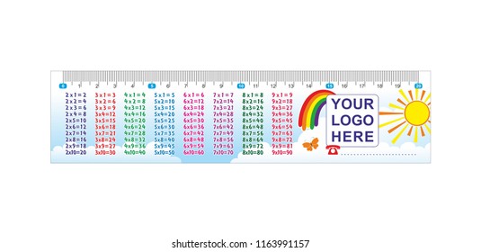 Children measuring ruler with multiplication table ang your logo