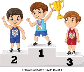 Children with medals standing on podium and holding a trophy