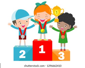 Children With Medals For Victory Stand On The Sports Pedestal, 
Medalists Kids Standing On Competition Winner Podium