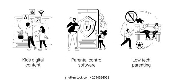 Children media access abstract concept vector illustration set. Kids digital content, parental control software, low tech parenting, screen time, gadget-free parenting, online apps abstract metaphor.