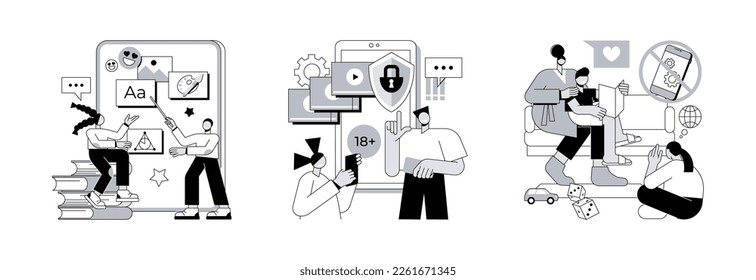 Children media access abstract concept vector illustration set. Kids digital content, parental control software, low tech parenting, screen time, gadget-free parenting, online apps abstract metaphor.