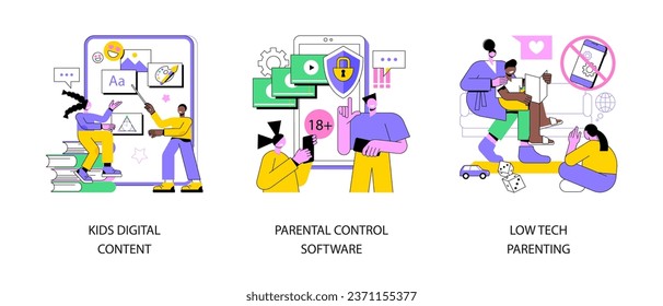 Children media access abstract concept vector illustration set. Kids digital content, parental control software, low tech parenting, screen time, gadget-free parenting, online apps abstract metaphor.