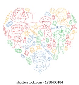 Children medical center. Healthcare illustration. Doodle icons with small kids, infection, fever, cold, virus, illness.