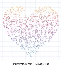 Children medical center. Healthcare illustration. Doodle icons with small kids, infection, fever, cold, virus, illness.