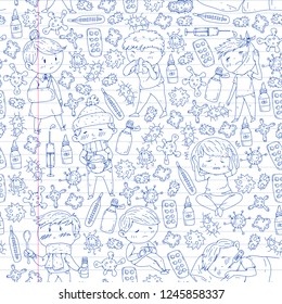 Children medical center. Healthcare illustration. Doodle icons with small kids, infection, fever, cold, virus, illness.