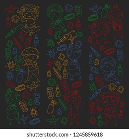 Children medical center. Healthcare illustration. Doodle icons with small kids, infection, fever, cold, virus, illness.