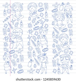 Children medical center. Healthcare illustration. Doodle icons with small kids, infection, fever, cold, virus, illness.