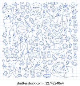 Children medical center. Healthcare illustration. Doodle icons with small kids, infection, fever, cold, virus, illness.