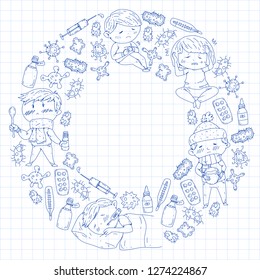 Children medical center. Healthcare illustration. Doodle icons with small kids, infection, fever, cold, virus, illness.