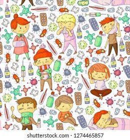 Children medical center. Healthcare illustration. Doodle icons with small kids, infection, fever, cold, virus, illness.