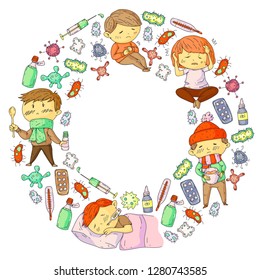 Children medical center. Healthcare illustration. Doodle icons with small kids, infection, fever, cold, virus, illness.