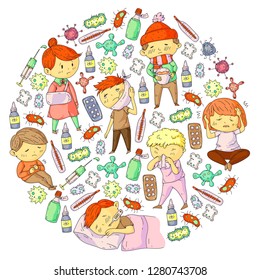 Children medical center. Healthcare illustration. Doodle icons with small kids, infection, fever, cold, virus, illness.