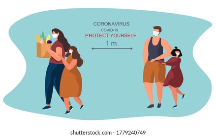 Сharacters with Children in Medical Masks Keep Distance When They Go Shopping during Covid 19 Pandemic.Social Distance.Protect Yourself.Rules for Shopping in Quarantine.Flat Vector Illustration