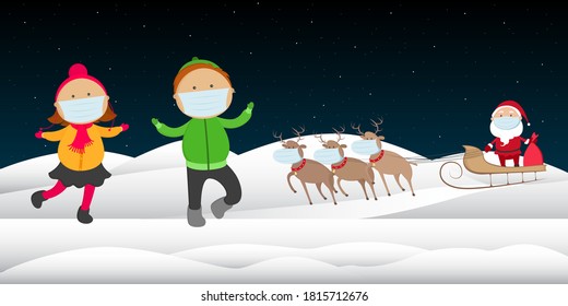 Children in medical masks meet Santa Claus on reindeer sleigh. Vector illustration.