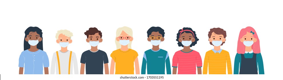 Children with medical masks on faces to protect their against coronavirus covid-19, 2019-nCov isolated on white background. Kids virus protection concept. Stay safe. Vector illustration