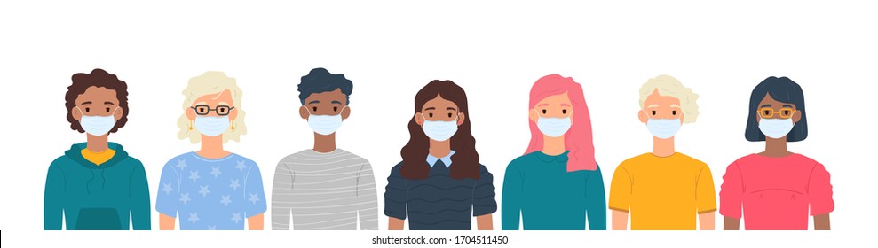 Children with medical masks on faces to protect their against coronavirus covid-19, 2019-nCov isolated on white background. Kids virus protection concept. Stay safe. Vector illustration