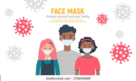 Children with medical masks on faces to protect their against coronavirus covid-19, 2019-nCov isolated on white background. Kids virus protection concept. Stay safe. Vector illustration