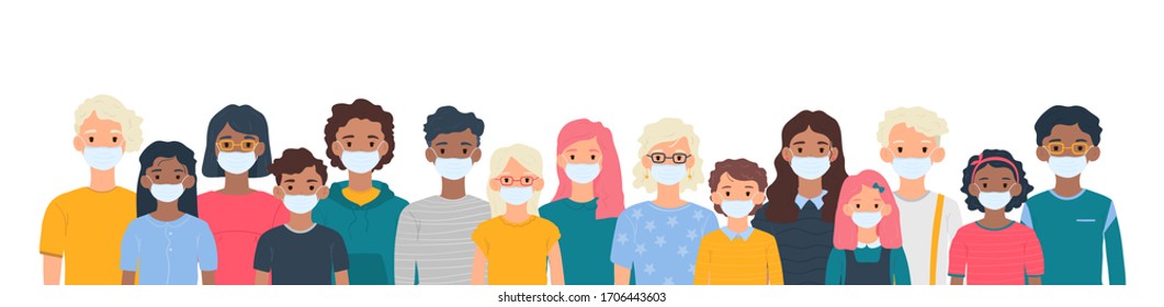 Children with medical masks on faces to protect their against coronavirus covid-19, 2019-nCov isolated on white background. Kids virus protection concept. Stay safe. Vector illustration